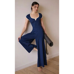 NEW FREE PEOPLE FP MOVEMENT NAVY BLUE WHITE PIPE DREAM ONE PIECE JUMPSUIT SZ S